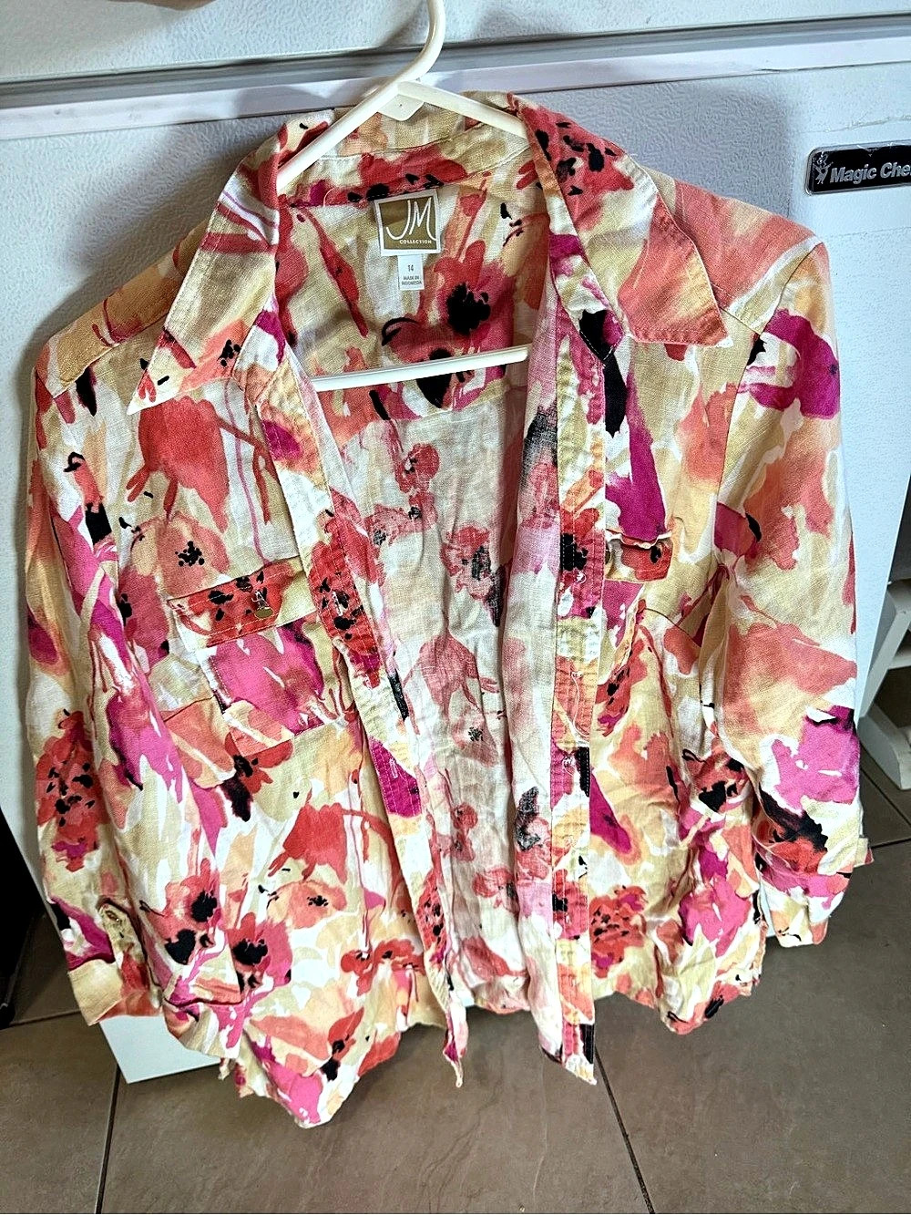 JM Abstract Floral Button Down Shirt in Pink & Red - Picture 2 of 4